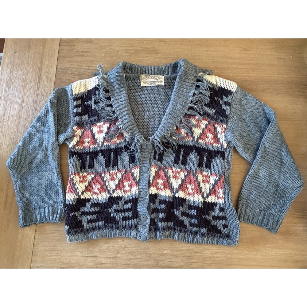 Nuggets Vintage women's size S M Fringe Collar Knit Sweater Cardigan Aztec